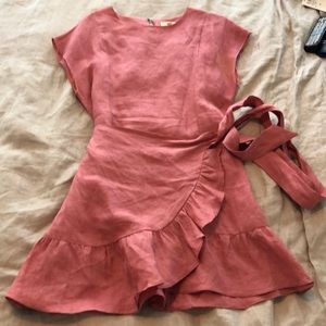 Pink ruffle skirt linen half wrap dress